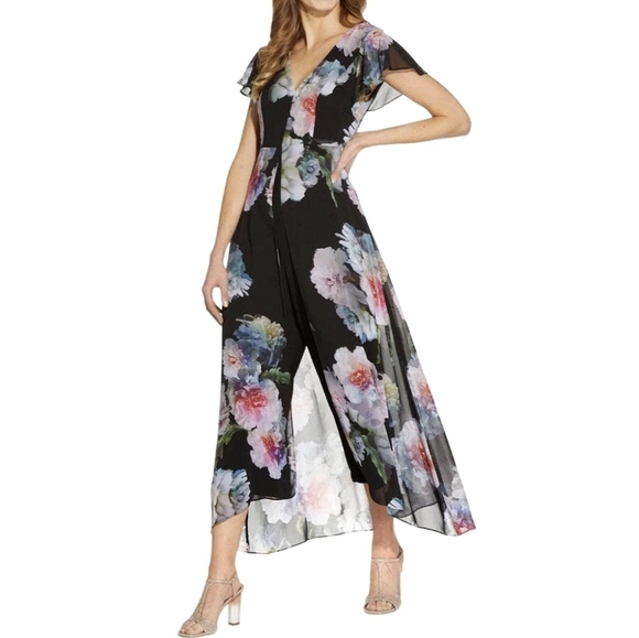 Adrianna Papell Floral Jumpsuit 14 Sheer Skirt Overlay Pink Peonies Preppy Comfy - Picture 1 of 8